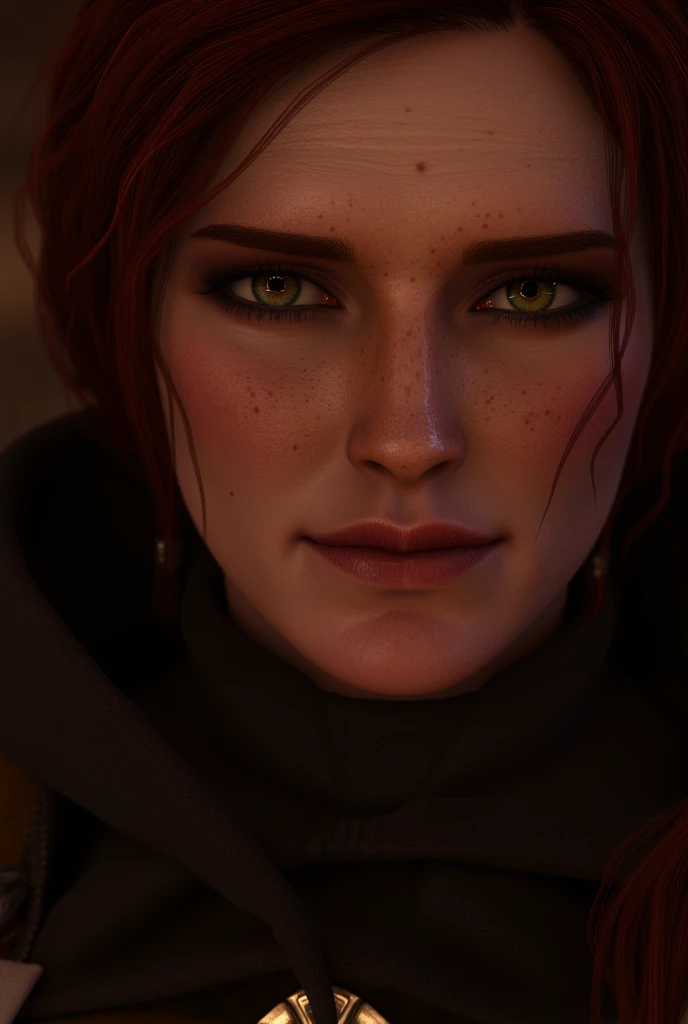 A close-up photorealistic photo of triss with cinematic lighting