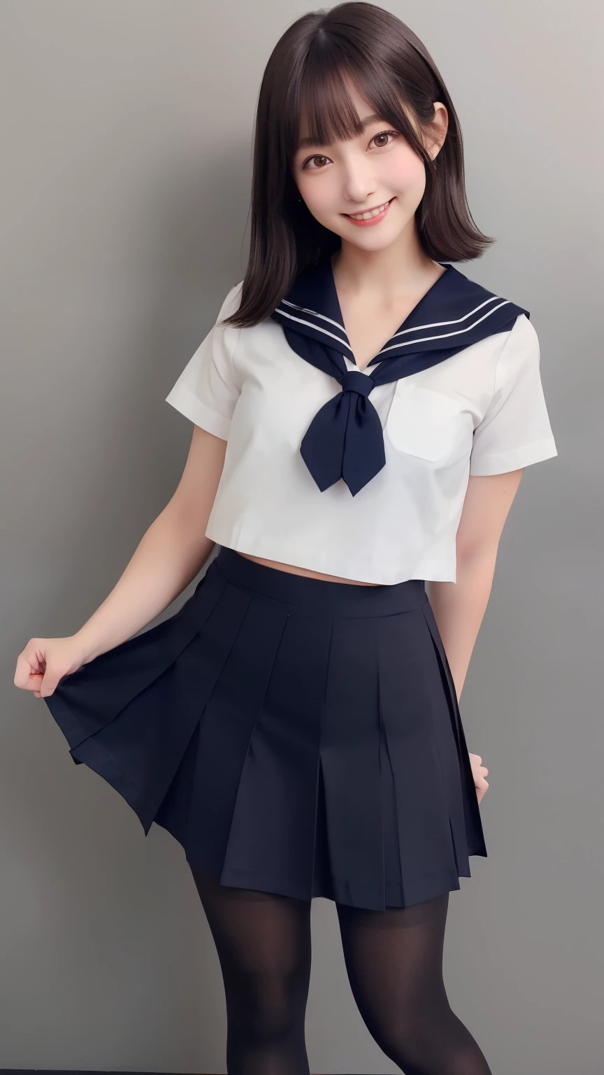 In the best quality、Japanese、 girl standing outdoors、ponytail、Scrunchie、Perfect Anatomy、Correct limbs、High resolution、Beautiful details、Quiet atmosphere。(((Black Bob Hair)))、Cute Smile、Laughter、Big Eyes、Long eyelashes、Torn white short-sleeved sailor uniform、((Torn Sailor Suit))、Sky blue pleated skirt、Blue socks、Brown Loafers、Random Pause