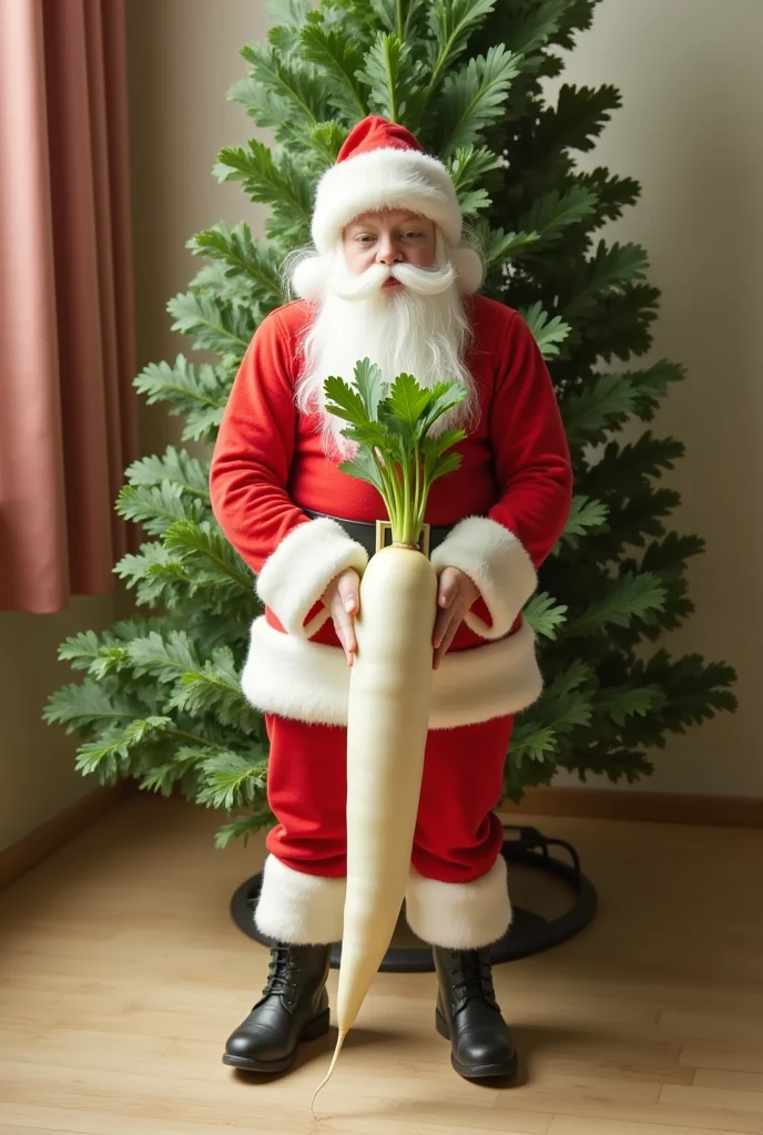   Christmas photo image  ,   ARTISTIC DESIGN  , (Adult male, Alone,   Santa Claus,  HOLDING DAIKON WITH BOTH HANDS, Very carefully ,  PERFECT YOUR BODY ),   facing forward,   next to a Christmas tree  , WARM AND DARK ROOM  ,   Christmas Magic  