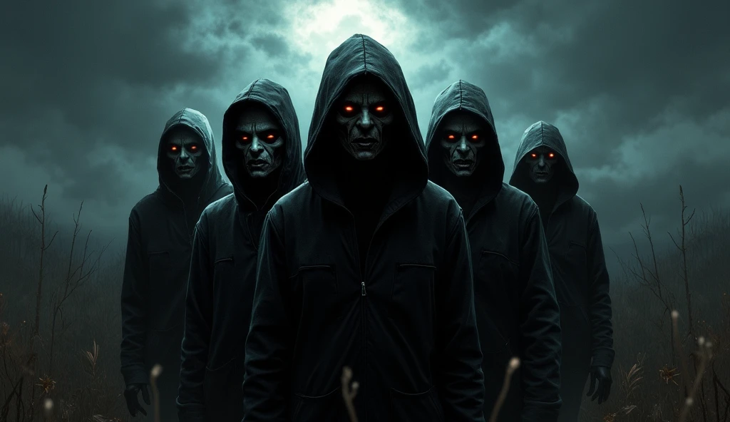 people with red eyes, wearing mask, background full of smoke
