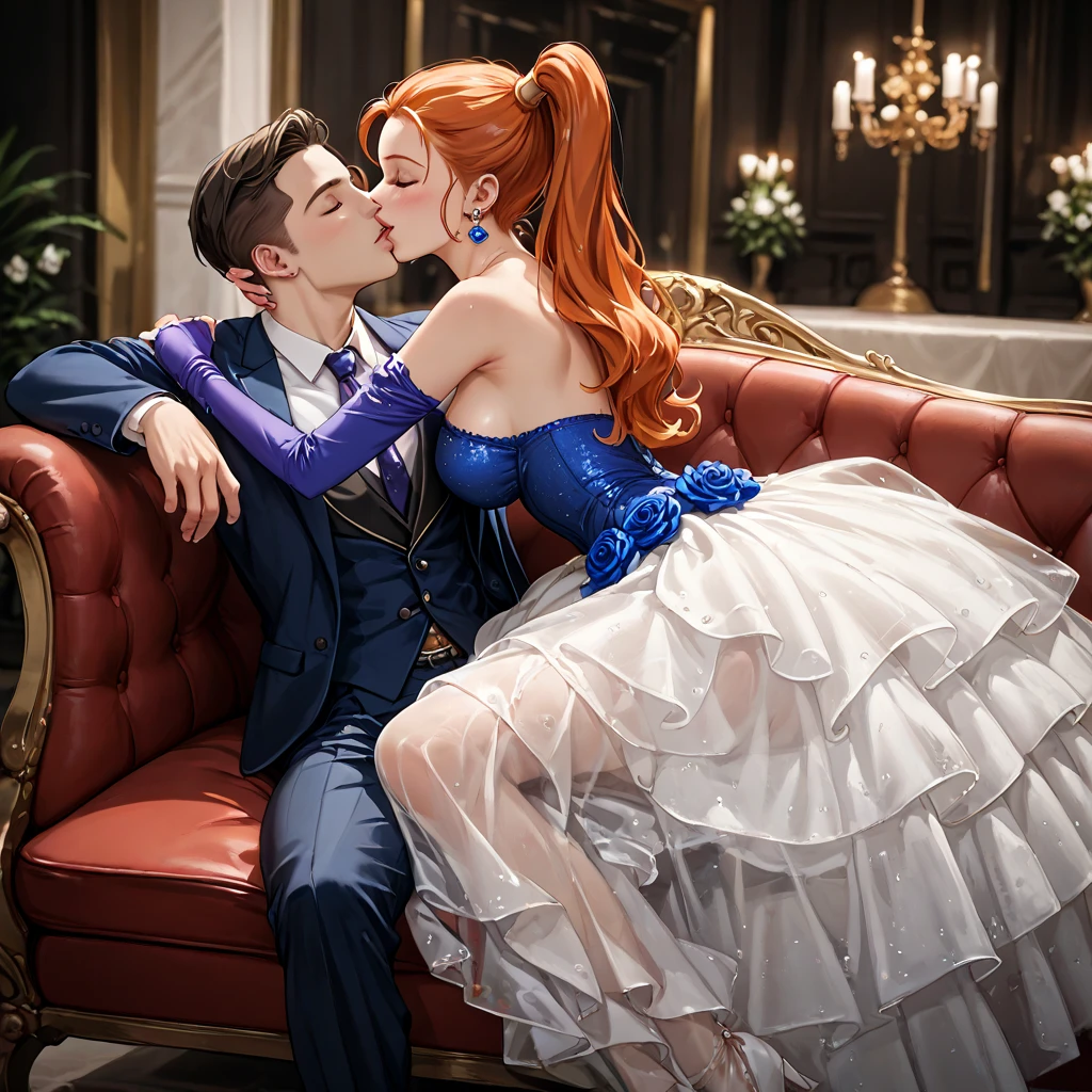 (( top quality )), ((masterpiece)), ( Details), （ perfect face）、Orange-haired twin-tailed Jessica Albert, who became the count's wife after a formal marriage, wears a jeweled see-through sexy dress and is hugged and kissed by her husband, the old count man、 sitting on a luxurious sofa