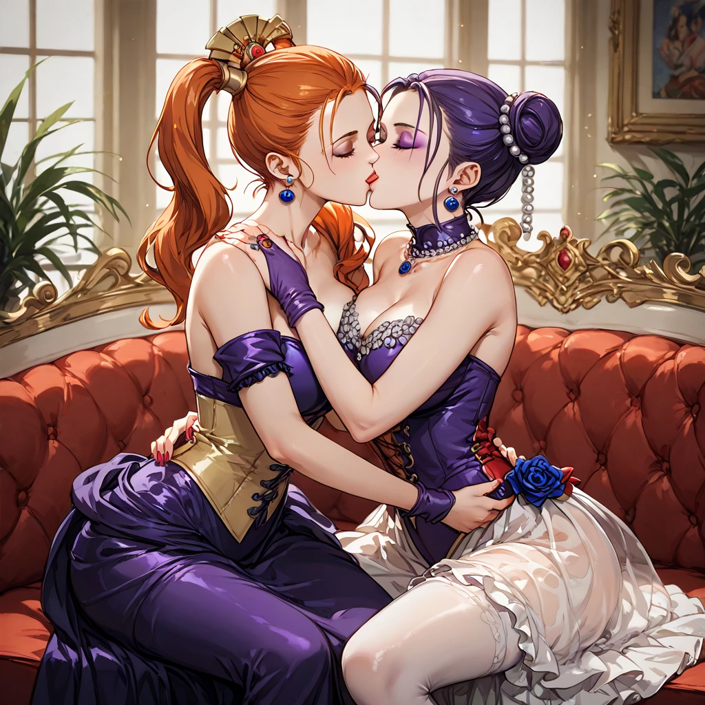 (( top quality )), ((masterpiece)), ( Details), （ perfect face）、Orange-haired twin-tailed Jessica Albert, who became a countess after a political marriage, is loved for wearing a sexy, jeweled see-through dress and hugging and kissing her husband, an old countess man、 sitting on a luxurious sofa