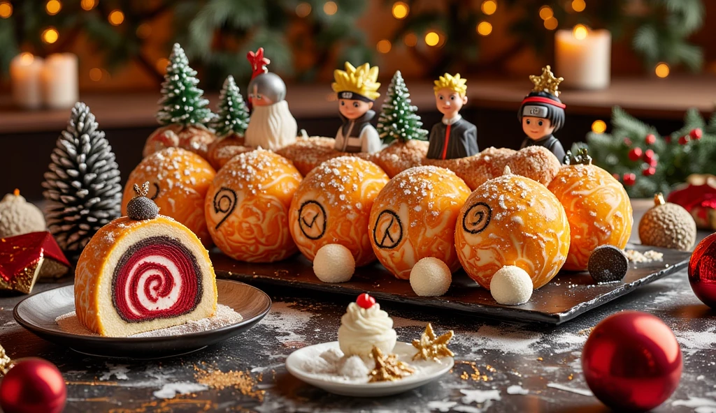 ((masterpiece)) ((photography)) ((Highest quality)) A Yule log designed in a Naruto theme, placed on a festive Christmas table. The log features bright orange frosting with swirls resembling Naruto’s chakra aura, accented by black and white designs mimicking his Sage Mode cloak. Edible decorations include a fondant Konoha headband, shuriken-shaped chocolate, and small Naruto character figures. A slice is cut and placed on a plate nearby, revealing a spiral Uzumaki Clan symbol inside the cake, created with layers of red and white sponge. The plate is decorated with edible golden stars and a small swirl of whipped cream. The background includes Christmas decorations like red ornaments, snow-dusted pinecones, and soft golden lights, blending the festive and anime vibes.