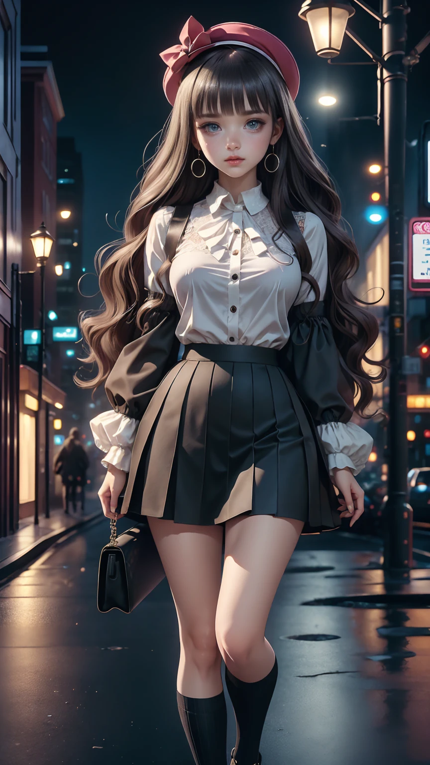  Overlooking the street level from a skyscraper、 Anime-Inspired Woman ,  1 girl, Alone,  skirt,  has , socks, mini  has ,  is watching viewers, gem,  black footwear ,  Long Sleeve , black  skirt, white socks, pleated  skirt,  standing with different breasts ,  earrings for women with first name,  black headwear,   Closed Mouth ,  shirt, Brown Hair,  outdoors on the street at night, bangs. ( top quality , masterpiece,  Ultra Details,  illustrations:1.2),(8k wallpaper),( beautiful  detail eyes:1.2),  beautiful,  amazing,  detail eyes, ( detailed skin), pastel color ,AddXL,