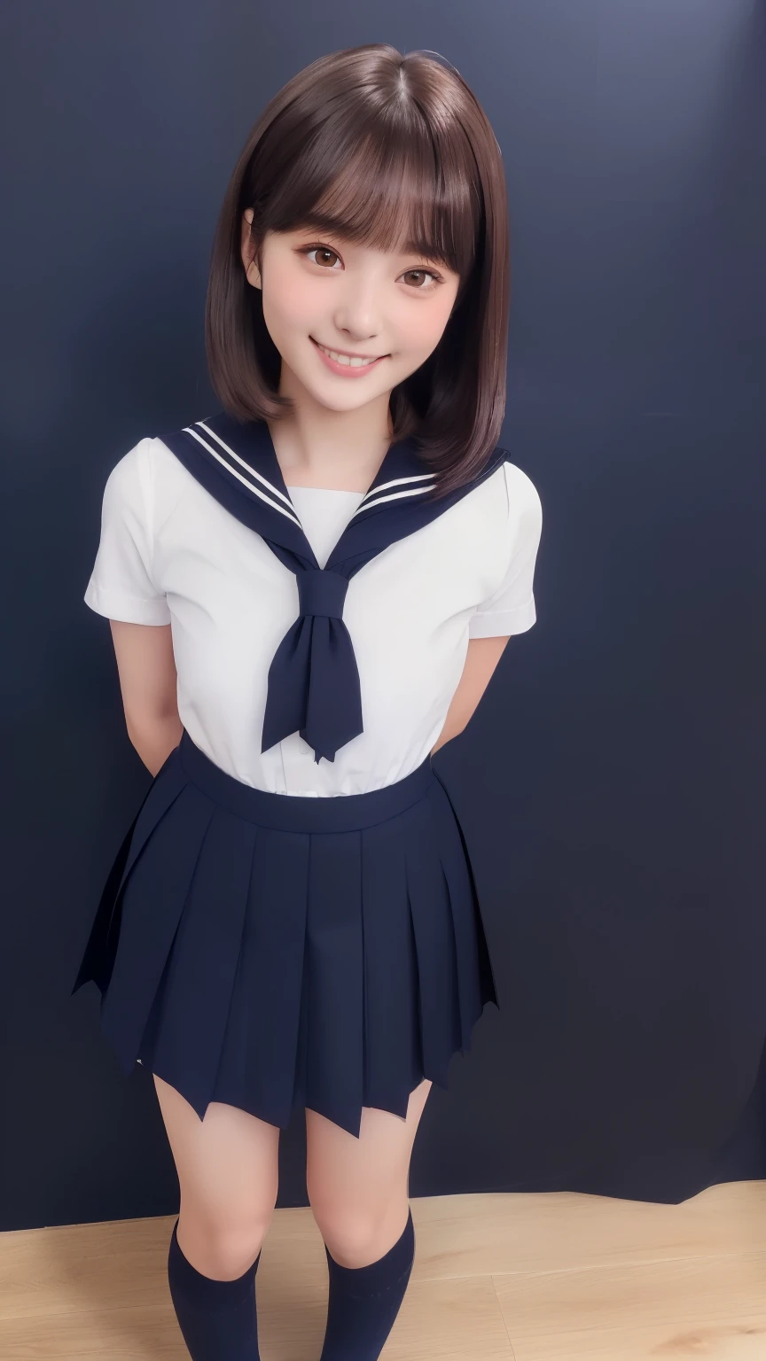  white short sleeve sailor suit、(( Hides below the knee with a navy blue tight skirt))、(((navy blue plain high socks))、(( black loafers))、(( full body photo of a standing figure showing all the way to the feet))、Cute high school girls、Height: 160cm、 smile like an idol、 smiling and smiling、 Professional Lighting、((Plain background))、(( highest image quality taken by Ki)),((Beautiful double eyelids ))、（ long lashes）、(( dark brown shiny hair ))、((Model Face Change ))、 Belly Shorthair、My chest is G cup,　Plain background、 ID photo