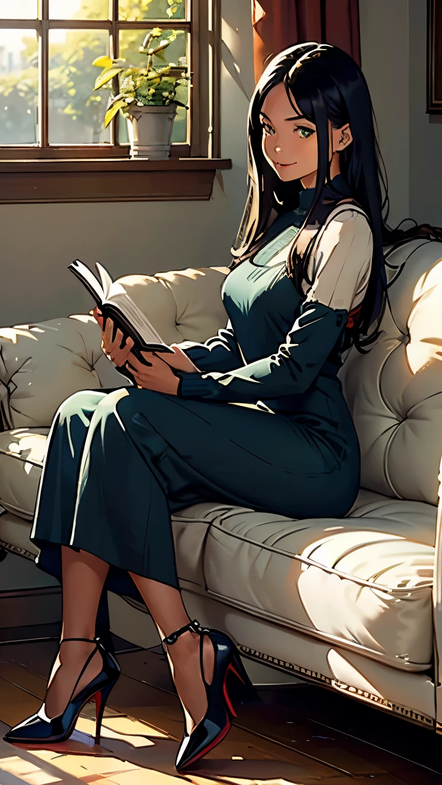    ((masterpiece, high resolution, better quality, better details)), ((Smiling)), ((one girl)) a girl reading a book in a sunlit living room, full body, wearing a long knit dress, ((long dress without openings)), with a cozy shawl, ((Louboutin high heels)), green eyes, ((black hair, hair)), shiny skin, ((side view)), solo, from the side, full body, focus full body, surrounded by comfortable furniture and a large window with sunlight streaming in