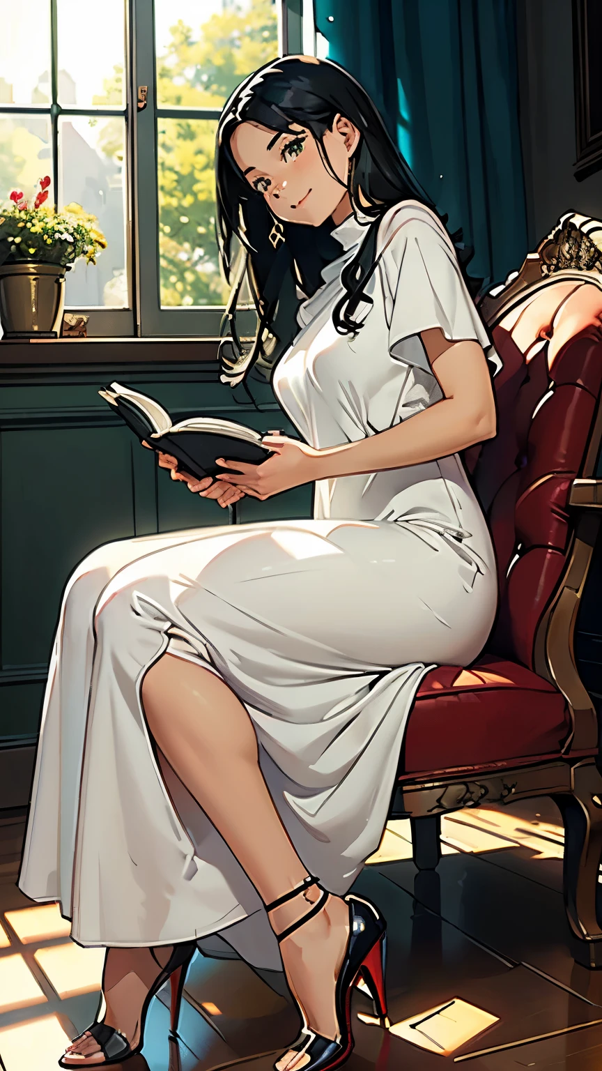    ((masterpiece, high resolution, better quality, better details)), ((Smiling)), ((one girl)) a girl reading a book in a sunlit living room, full body, wearing a long knit dress, ((long dress without openings)), with a cozy shawl, ((Louboutin high heels)), green eyes, ((black hair, hair)), shiny skin, ((side view)), solo, from the side, full body, focus full body, surrounded by comfortable furniture and a large window with sunlight streaming in