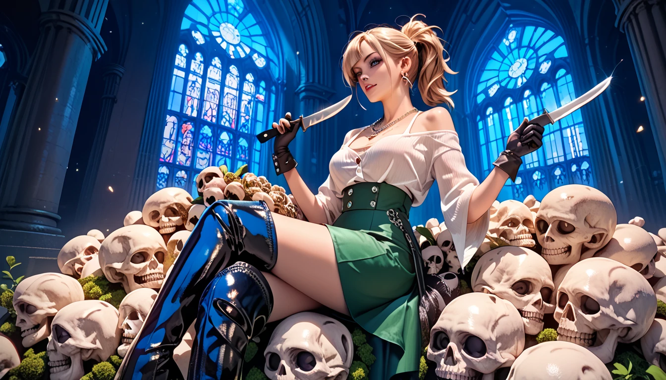 a glamorous female, hair in a scruffy ponytail, necklace, patent black stiletto thigh boots, black gloves, flowing green skirt, loose white top. holding a decorated knife. confidently sitting on a pile of skulls. Night. Cathedral background 