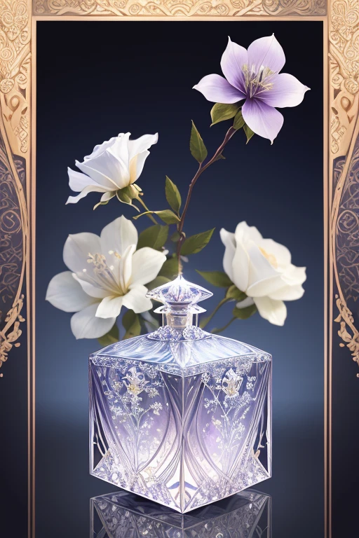 Bottle Design  、 rococo luxury square crystal perfume bottle decorated with beautiful violet flowers and birds、　  decorated with beautiful violet flowers and birds、milk colored background  　 Silver lighting、 30 megapixel   、  Photographed by a Professional Photographer  、Excellent lighting、  Masterpiece