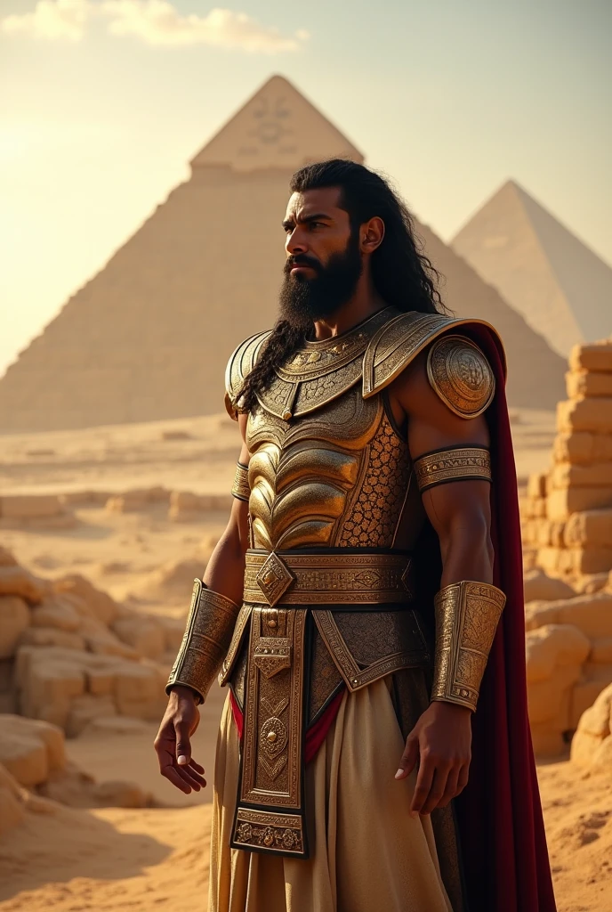 Man in his 40s. with olive skin and long, black, muscular hair, wearing cream-colored medieval-style clothing , Egyptian man