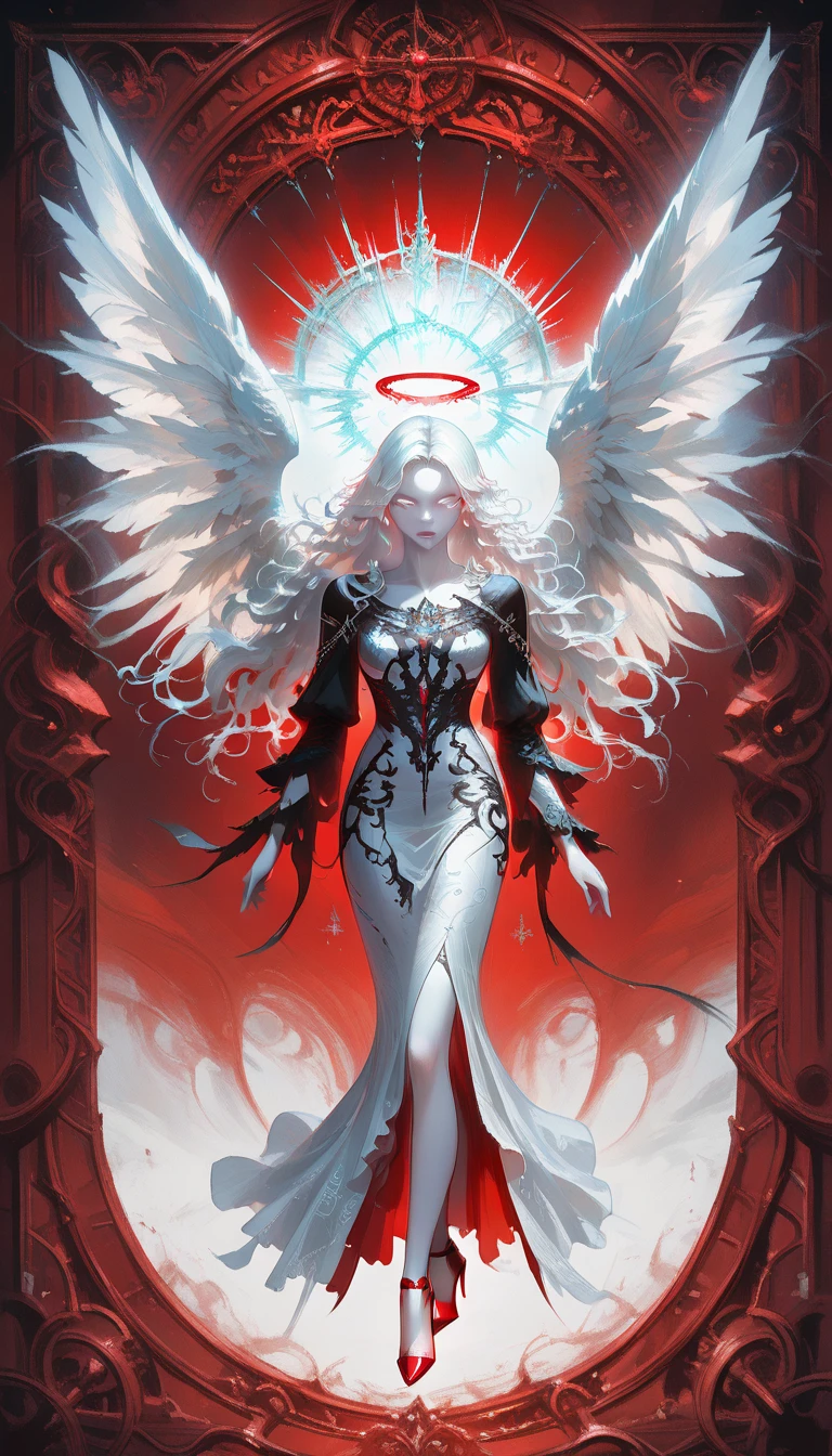 score_9, score_8_up, score_7_up, score_6_up, score_5_up, score_4_up,  a portrait of a magnificent  female angel, busty long hair, dynamic hair color, long hair, wavy hair, shining blue eyes, white wings, wearing intricate elegant black leather dress, wearing ((red high heels: 1.5)), wings have angel wings angel, pale skin, angel wings, wings, white wings, white hair, white eyes, glowing eyes, white dress with golden pattern, Halo, fantasy