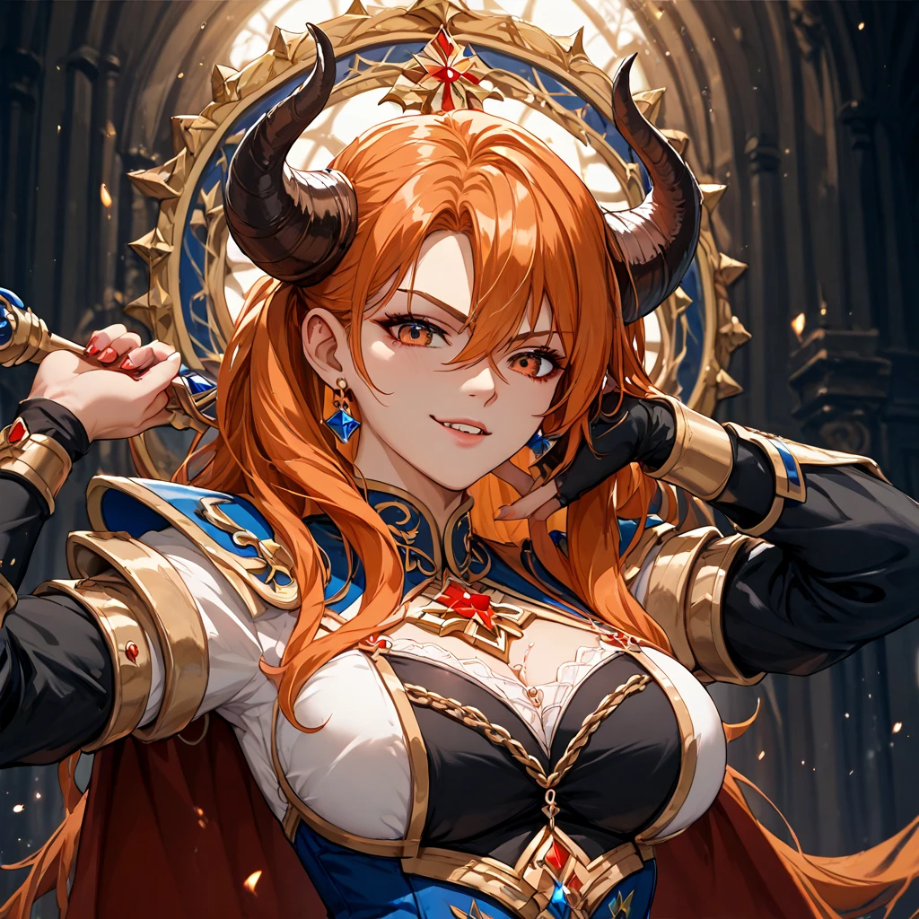 (( top quality )), ((masterpiece)), ( Details), （ perfect face）、Under the Devil's Twintail with Orange Hair, My Curse, Zeshika Albert wears the clothes of an evil god's priest and serves the demon king Rapthorne