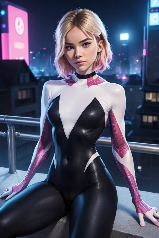 (masterpiece), best quality, expressive eyes, perfect face, front lighting, (cyber city at night with neon lights background), (sitting on ledge of tall building looking down at the street), (smirk), (1girl, Belle Delphine, young adult, fair skin, blonde with pink higlight tips, short hairstyle, blue eyes, hourglass figure, thin body, skinny body, petite_body, small breasts, wide hips, thick thighs), (Gwen Stacy spider-woman costume, tight spider-woman costume, cameltoe), (gwen),