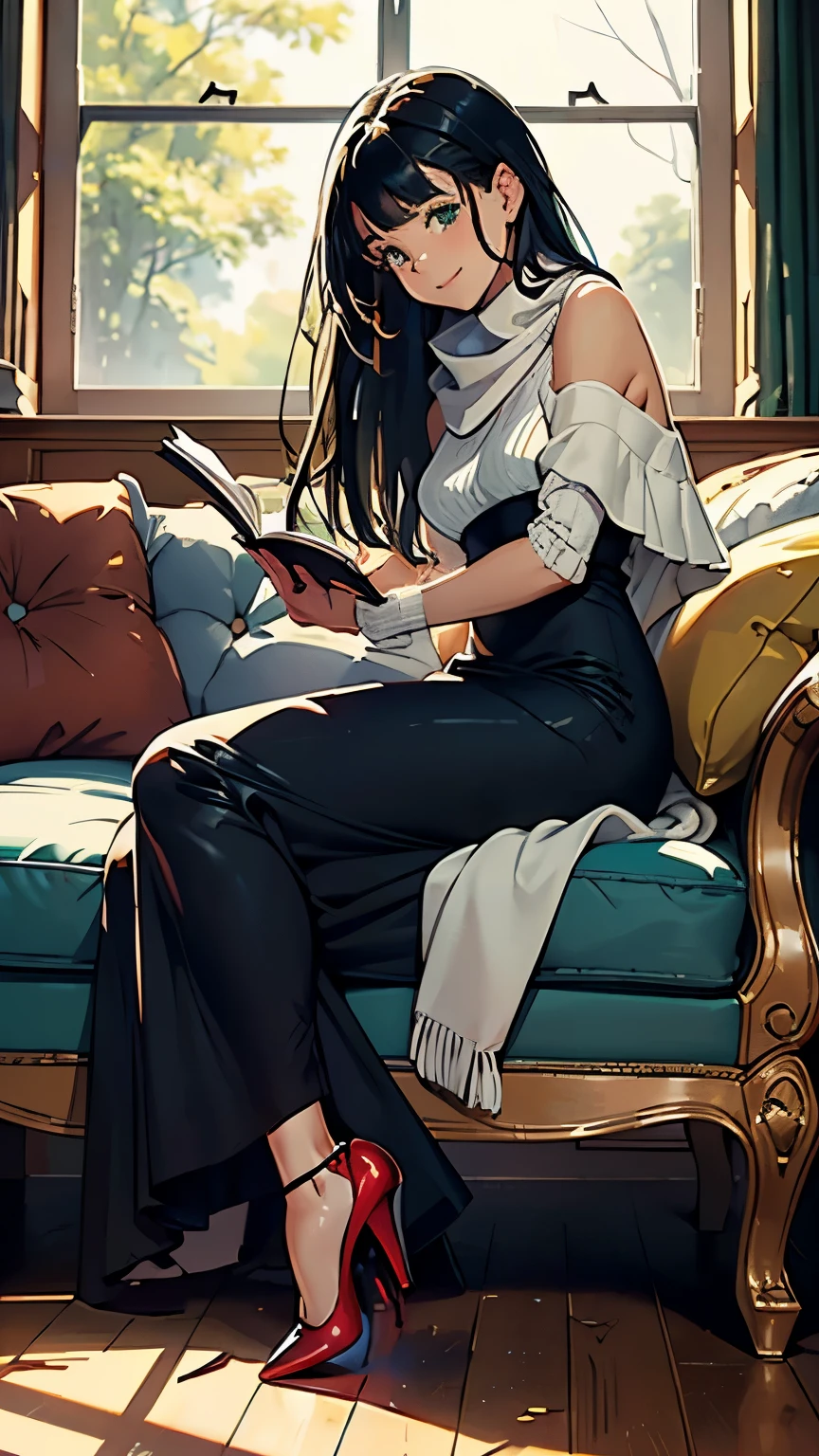    ((masterpiece, high resolution, better quality, better details)), ((Smiling)), ((one girl)) a girl reading a book in a sunlit living room, full body, wearing a long knit dress, ((long dress without openings)), with a cozy shawl, ((Louboutin high heels)), green eyes, ((black hair, hair)), shiny skin, ((side view)), solo, from the side, full body, focus full body, surrounded by comfortable furniture and a large window with sunlight streaming in