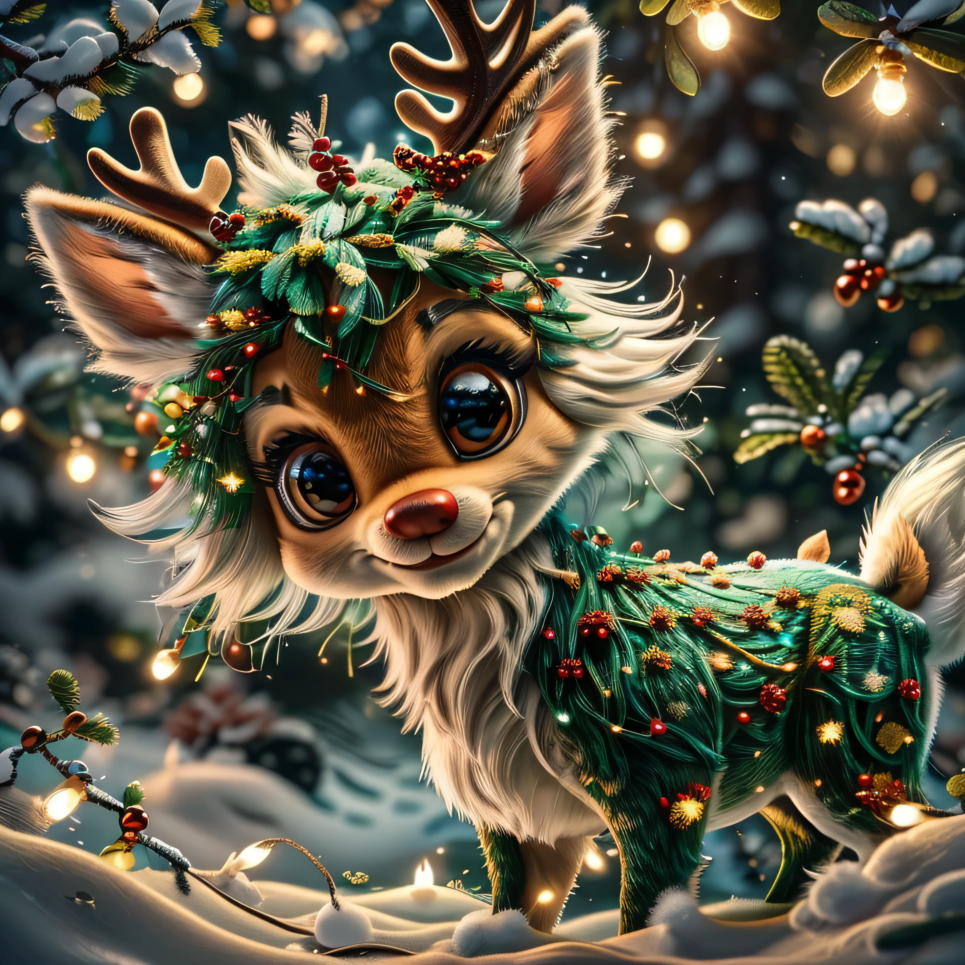 Magical Fantasy Creature, (Best Quality, Masterpiece, Representative Work, Official Art, Professional, Super Detailed, 8k:1.3), (Photorealism:1.2) Super Cute, Big Eyes, Soft, Soft Nose, Fluffy, Double-Toothed Smile, funny Christmas meme with A reindeer tangled in fairy lights. A reindeer with a confused expression, surrounded by bright fairy lights that are entangled around its antlers and body. Add some funny text, such as: 'I just wanted to decorate for the holidays, but now I'm a Christmas tree!' Use bright, festive colors and elements like a tree, snowflakes, and presents to create a fun holiday atmosphere. Aurorastyle, Highly detailed Dynamic shot of majestic adorable baby reindeer, high quality, beautiful masterpiece, fantasy creature, kawaii, digital art, glowing sparkles, Realistic, Beautiful, Stars in Eyes, Soft Volumetric Light, (Backlight:1.3), (Cinematic:1.2), Intricate Details, (ArtStation:1.3), --auto --s2