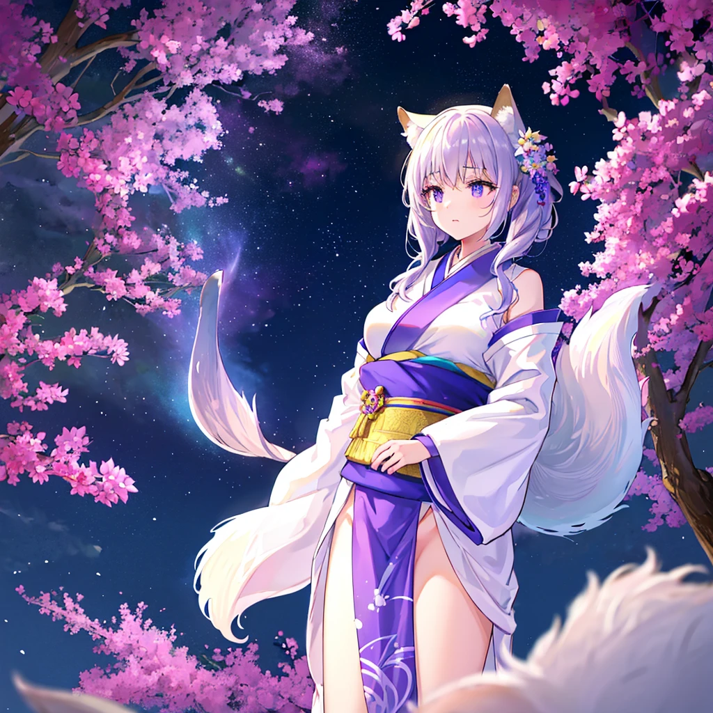 In a wondrous and ethereal world, a fox-eared girl in traditional Japanese attire stands gracefully. Behind her, the silhouette of a colossal whale is traced in glowing blue and purple neon lines, drifting gently across a starry backdrop. The soft glow of these neon outlines illuminates delicate patterns on her kimono, and subtle sparkles drift through the air like magical pollen. The atmosphere blends serenity, mystery, and a sense of awe, creating a beautiful scene where ancient tradition meets otherworldly enchantment.