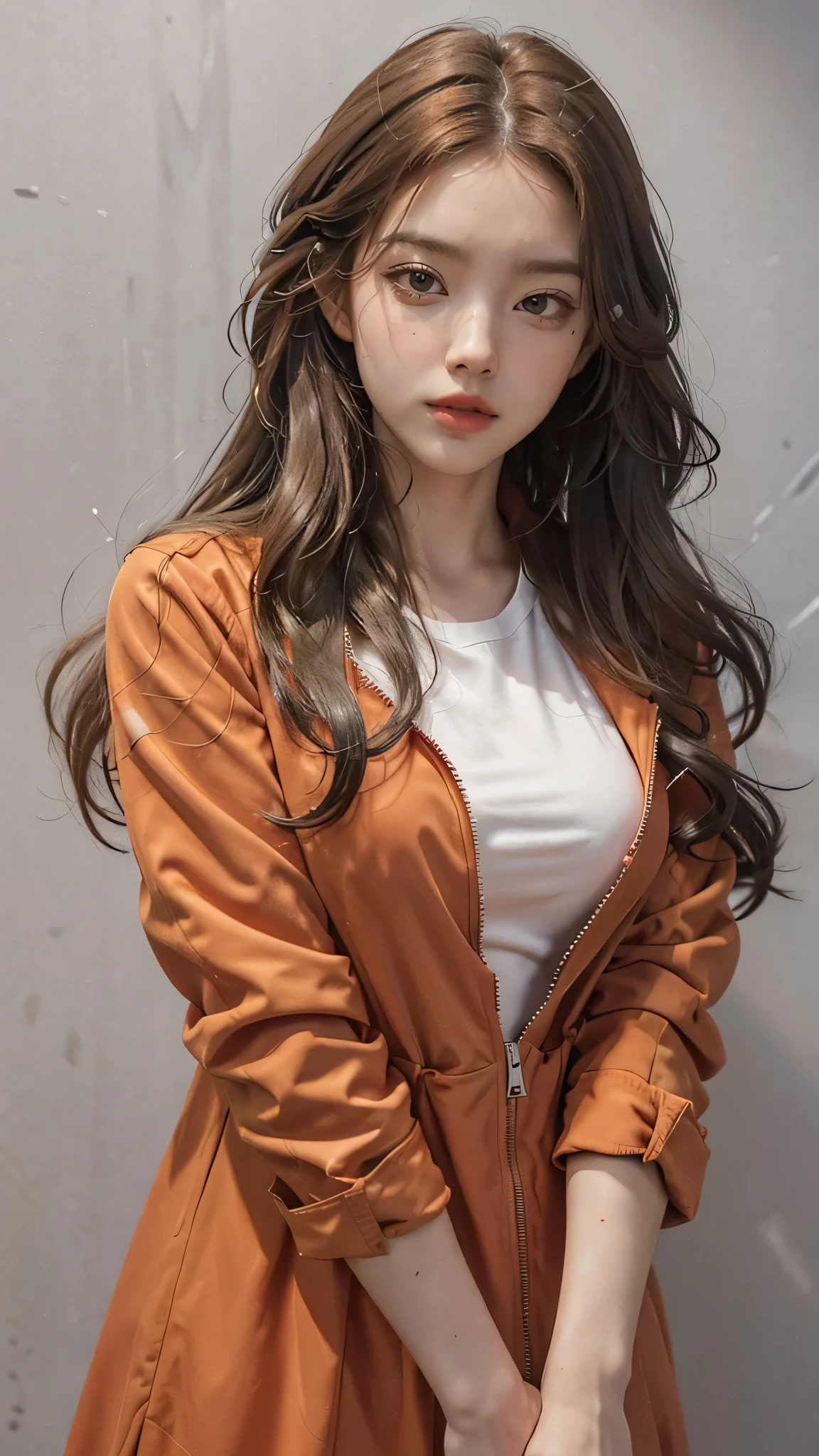 Girl wearing, luxury orange coat, shoulder length hair, wavy hair, glowing skin, star in eye, red lips, grey  background, cute poses , upper body, zipping under size jacket 