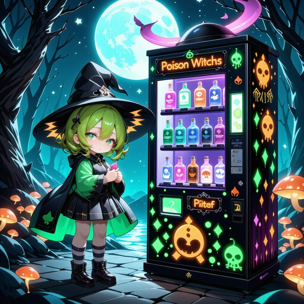 A close-up, whimsical yet slightly sinister scene of a 'Poison Vending Machine' designed for witches, glowing with vibrant green and purple lights. A cute and charming anime-inspired witch stands close to the vending machine, shown in close-up. She has bright green hair, large sparkling eyes, and a mischievous, sly grin with a hint of dark humor, as if she is plotting something. The witch is dressed in a stylish black and green outfit with a pointy hat, flowing cloak, and striped stockings. She holds a glowing poison vial, which reflects on her face, giving her an eerie yet adorable look. The vending machine in the background displays ominous items like glowing green poisons, cursed potions, and enchanted bottles labeled with skulls and magical symbols. The setting includes twisted trees, glowing mushrooms, faint magical particles in the air, and a moonlit dark forest, creating a mix of charm and dark fantasy. High-detail illustration, anime-inspired style, vibrant lighting, magical realism, cinematic composition.
