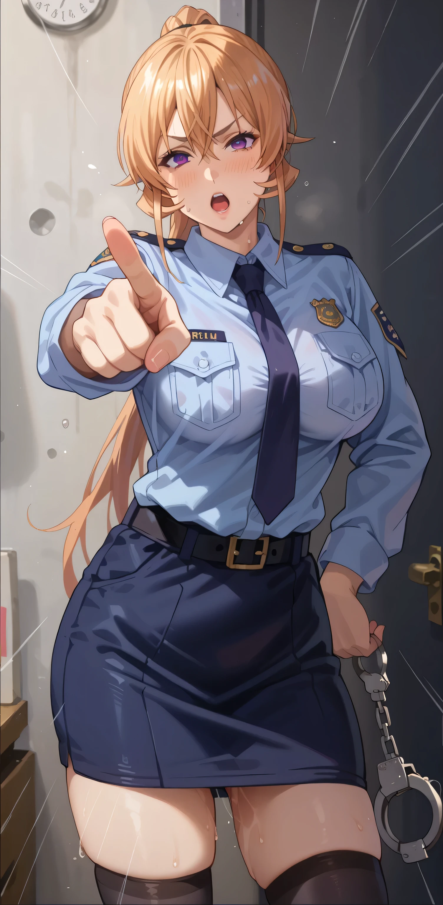 Close mouth, Mature female, fit girl, score_9, score_8_up, score_7_up, score_6_up, score_5_up, score_4_up, BREAK source_anime,1girl,erina nakiri, long hair, orange hair, hair between eyes,(purple eyes), shinny eyes,huge breasts, flashy gyaru,1girl, skirt, handcuffs, cuffs, blonde_hair, police, blush, police_uniform, shirt, necktie, long_hair, uniform, thighhighs, pointing_at_viewer, open_mouth, breasts, policewoman, solo, pointing, black_skirt, collared_shirt, pencil_skirt, large_breasts, shirt_tucked_in, ponytail, black_thighhighs, pussy_juice, looking_at_viewer, bangs, blue_shirt, brown_eyes, long_sleeves, breast_pocket, pocket, hand_on_hip, sweat, miniskirt, teeth, holding, sidelocks, cowboy_shot, standing