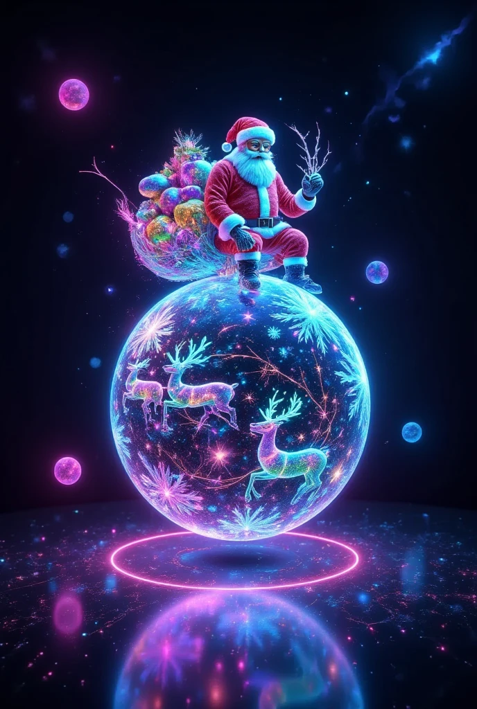 Illustrate a holographic artwork featuring Santa Claus and his reindeer, transformed into radiant, shimmering holograms as they traverse a starry Christmas Eve sky. (Santa, dressed in a digitalized attire made of pixelated red and white hologram patterns) holds a translucent sack overflowing with holographic gifts, intricately detailed with swirling patterns of lights. His reindeer, each uniquely designed with luminous antlers and bodies composed of intersecting light beams, gallop across the canvas, leaving trails of twinkling stars in their wake. Above this fantastical scene, the night sky bursts with vivid, animated auroras, creating waves of light that transition through a spectrum of colors. Below, the sleepy town reflects these holograms as the rooftops and trees sparkle with their own web of Christmas lights, weaving a tapestry of modern holiday wonder.