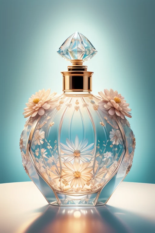 Bottle Design  、 Imari Ware Luxury Square Crystal Perfume Bottle、　 Beautiful Chrysanthemums and Butterflies 々Decorated with、Light blue background 　 White Light、 30 megapixel   、  Photographed by a Professional Photographer  、Excellent lighting、  Masterpiece