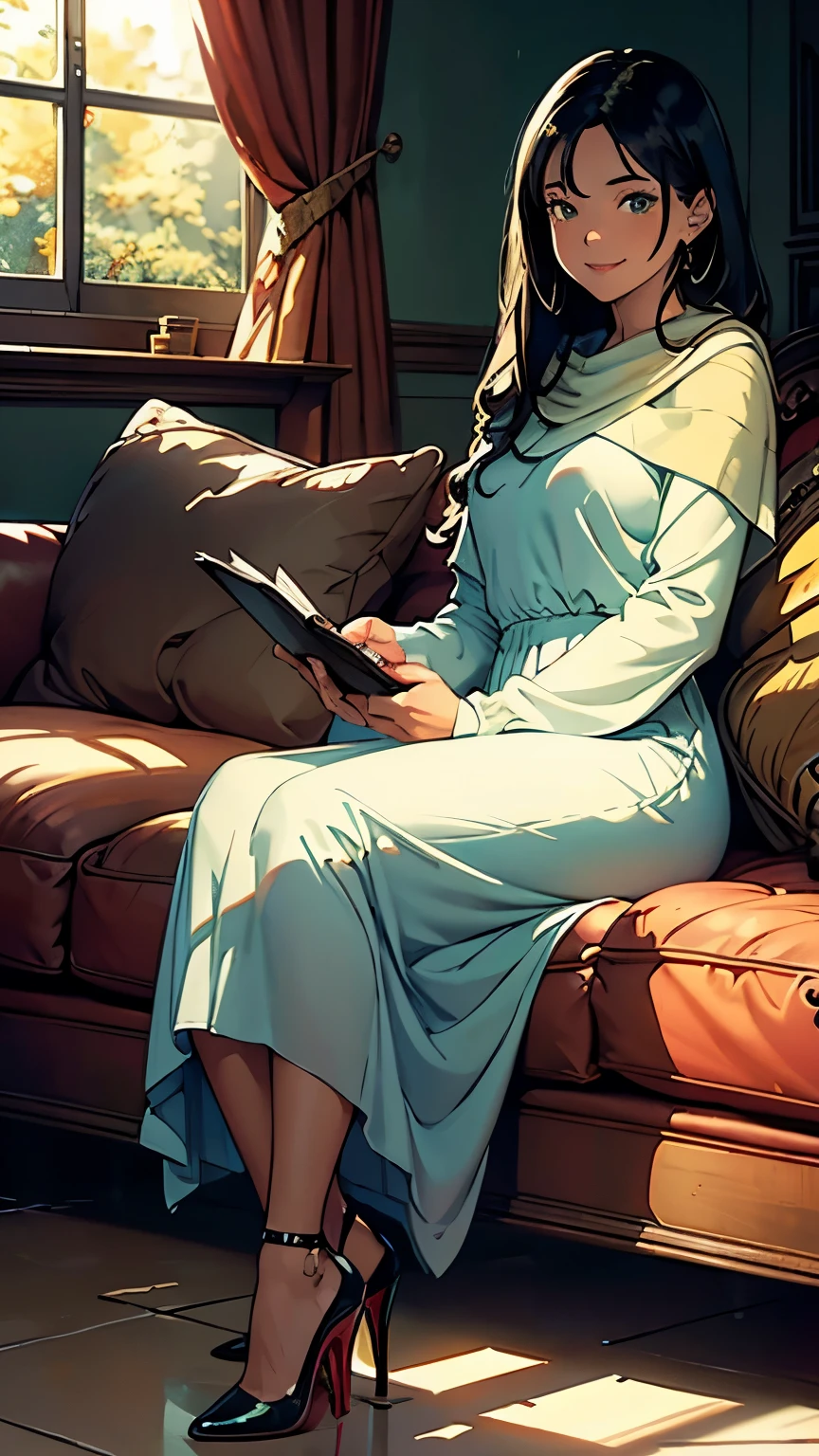    ((masterpiece, high resolution, better quality, better details)), ((Smiling)), ((one girl)) a girl reading a book in a sunlit living room, full body, wearing a long knit dress, ((long dress without openings)), with a cozy shawl, ((Louboutin high heels)), green eyes, ((black hair, hair)), shiny skin, ((side view)), solo, from the side, full body, focus full body, surrounded by comfortable furniture and a large window with sunlight streaming in