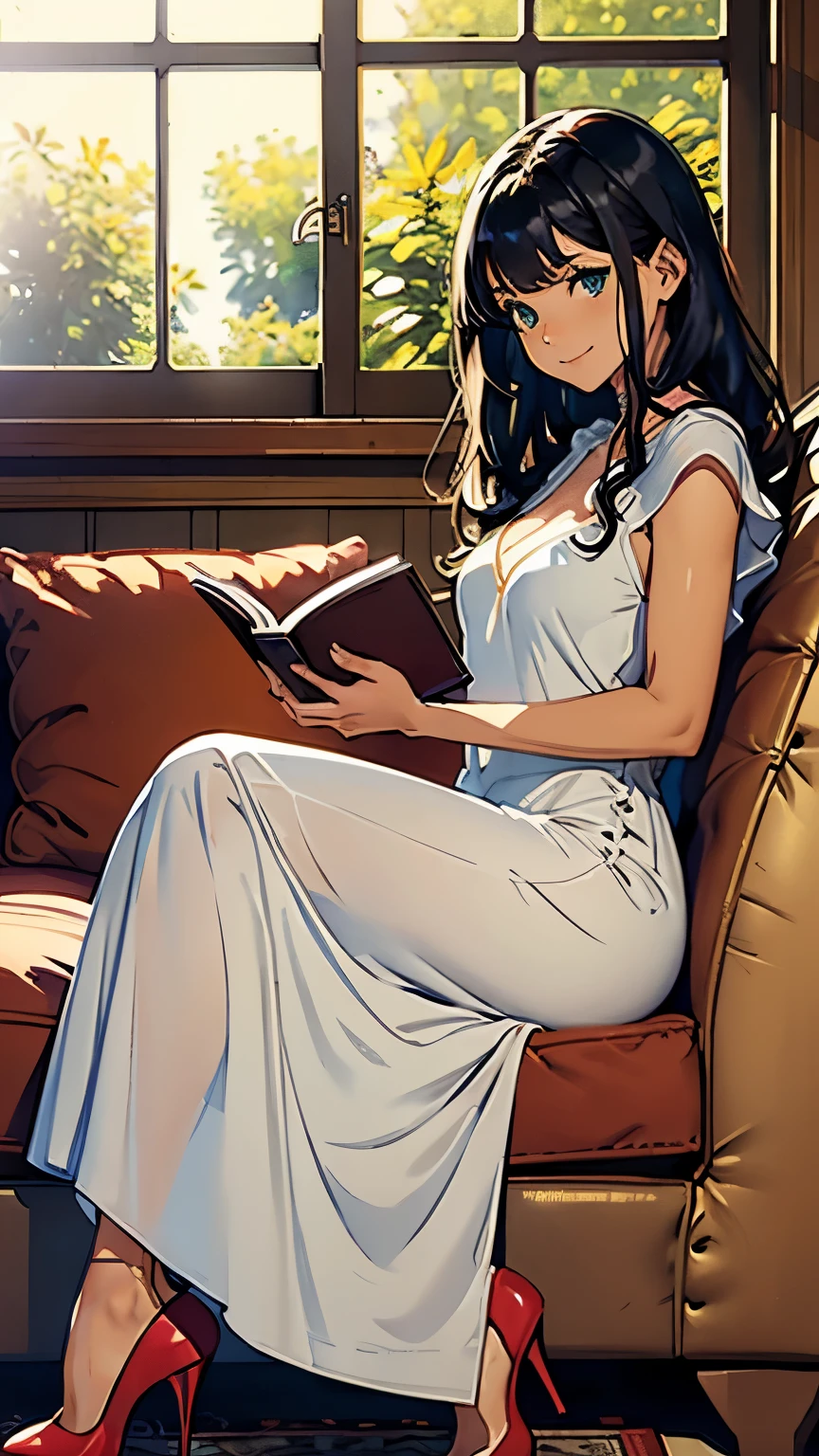    ((masterpiece, high resolution, better quality, better details)), ((Smiling)), ((one girl)) a girl reading a book in a sunlit living room, full body, wearing a long knit dress, ((long dress without openings)), with a cozy shawl, ((Louboutin high heels)), green eyes, ((black hair, hair)), shiny skin, ((side view)), solo, from the side, full body, focus full body, surrounded by comfortable furniture and a large window with sunlight streaming in