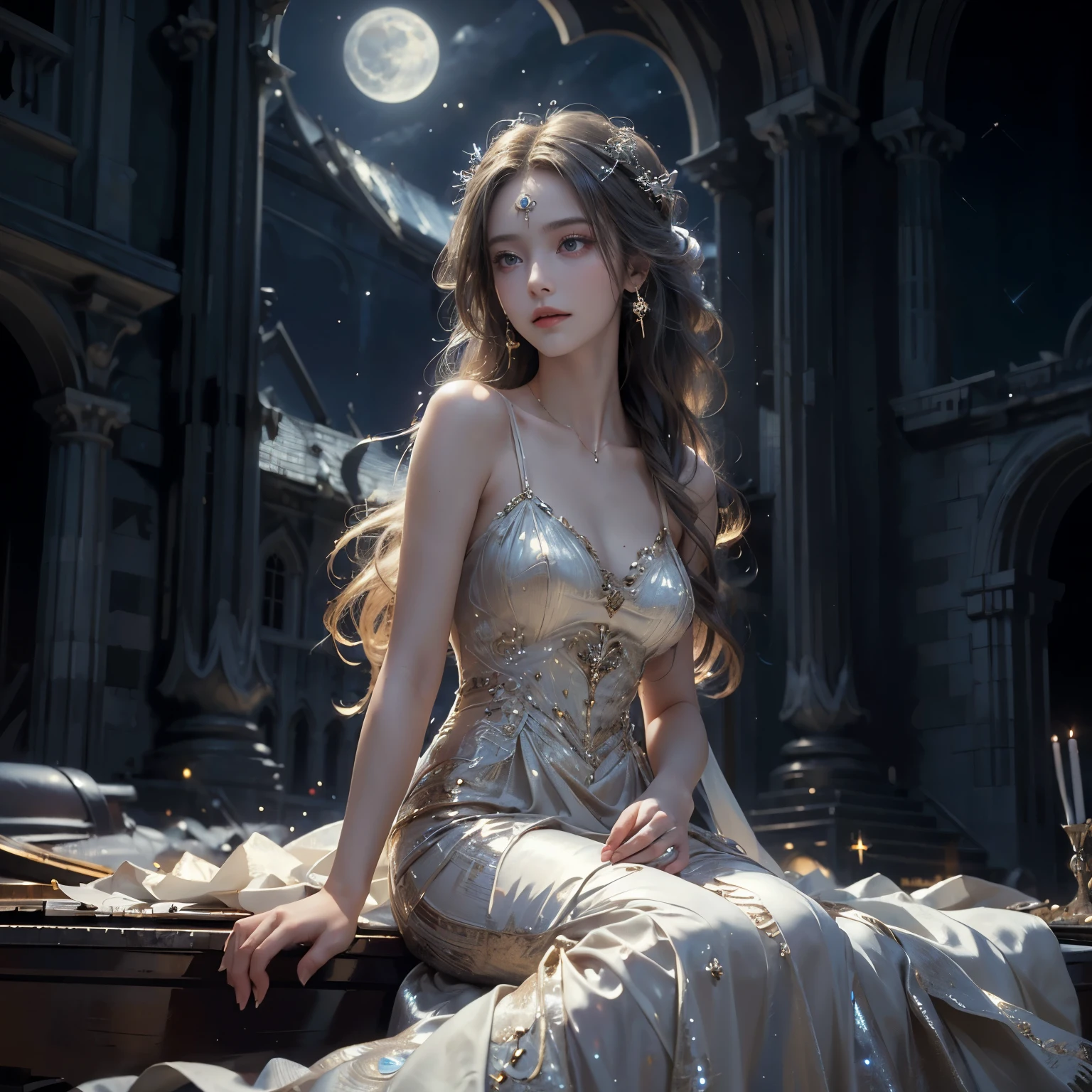 ((Best Quality)) ((Real)) ((Amazing)) (8k), Ultra High Resolution, (Real:1.4), Solo Girl, ((Gorgeous Dress)), Cute Girl, (Long Hair, Cute Hairstyle, Nervous Expression), Long Beautiful Fingers,, Young, Smiling, ((Playing Piano)), ((Abandoned Building))), (Full Moon in Night Sky:1,6), (Beautiful Piano), ((Moonlight)), (Glowing Skin), Realistic, Dramatic Lighting, Soft Light, (RAW Photo, Best Quality, Masterpiece:1.2), (Real:1.4), (Masterpiece:1.4), (Movie Scene)