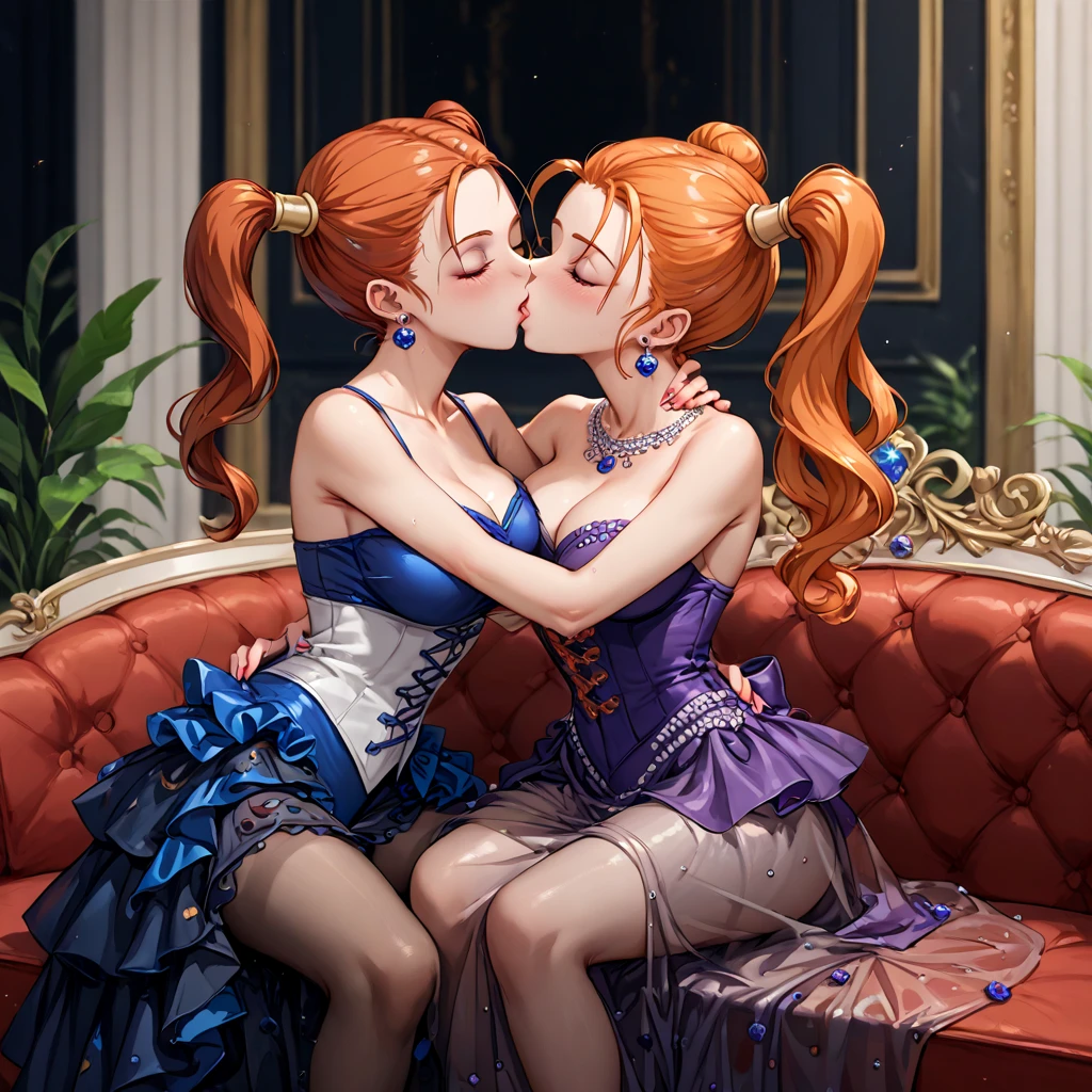 (( top quality )), ((masterpiece)), ( Details), （ perfect face）、Orange-haired twin-tailed Jessica Albert, who became a countess after a political marriage, is loved for wearing a sexy, jeweled, see-through dress, hugging and kissing her husband, the old count man, and having seeding sex、 sitting on a luxurious sofa