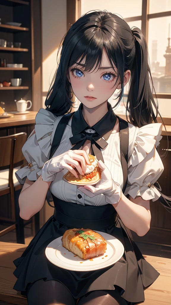 (random porn pose),(Highest image quality,(8k),ultra-realistic,best quality, Twintail black hair, high quality, high definition, high quality texture,high detail, Glasses, beautiful detailed,fine detailed,extremely detailed cg,detailed texture,a realistic representation of the face,masterpiece,Sense of presence), (Wearing maid outfit, Pantyhose, Glasses, Long Hand gloves,) Japanese caffe, Omurice, coffe, table, 