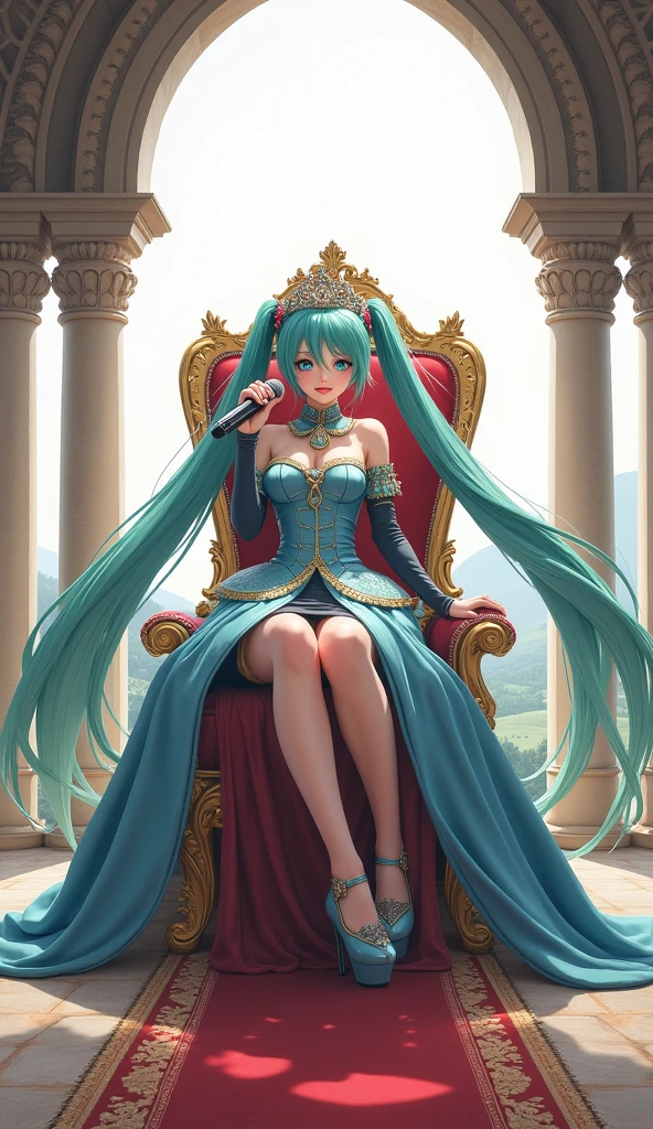 Japanese anime, anime art, anime style, detailed drawing, whiye background, high definition, high quality, high resolution, chessboard (floor), white king (chess), crown, sceptre, throne, Miku Hatsune, five fingers