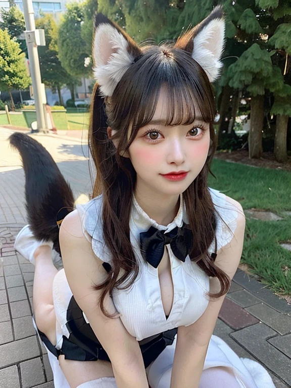 on the table, best quality, illustration, Super detailed, fine details, high resolution, 8k wallpaper, Perfect dynamic composition, Beautiful and delicate eyes,whole body摄影,show your whole body、collared shirt、mini skirt,thin and transparent、long gray hair, Bold sexy pose,Smile,Harajuku、20 year old girl、Eyeliner、beautiful bangs、hair between eyes、((masterpiece、top quality、Super detailed、movie light、intricate details、high resolution、Very detailed))、background for this、8 kood、digital SLR、soft light、high quality、film grain、富士XT3 、shallow view deep、natural soft light、Kamimei、See the knees, set on sofa,Look at the sexy shots of the lens、Above the legs、whole body、Vest、suit、 铅笔mini skirt、Holding a bouquet of flowers、side view,cat ears ,cat ears , furry tail, furry tail,furry paws,furry paws