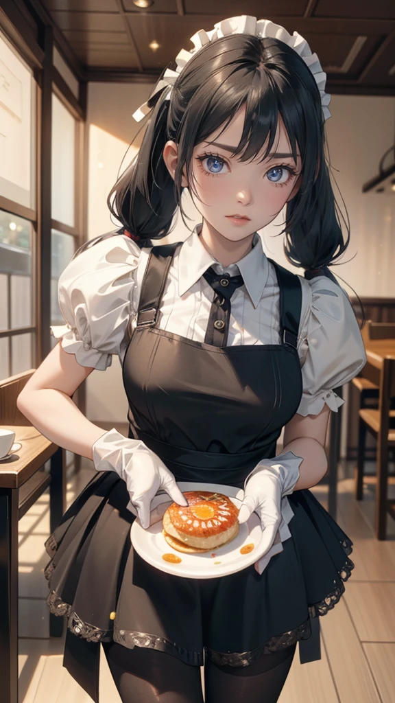 (random porn pose),(Highest image quality,(8k),ultra-realistic,best quality, Twintail black hair, high quality, high definition, high quality texture,high detail, Glasses, beautiful detailed,fine detailed,extremely detailed cg,detailed texture,a realistic representation of the face,masterpiece,Sense of presence), (Wearing maid outfit, Pantyhose, Glasses, Long Hand gloves,) Japanese caffe, Omurice, coffe, table, 