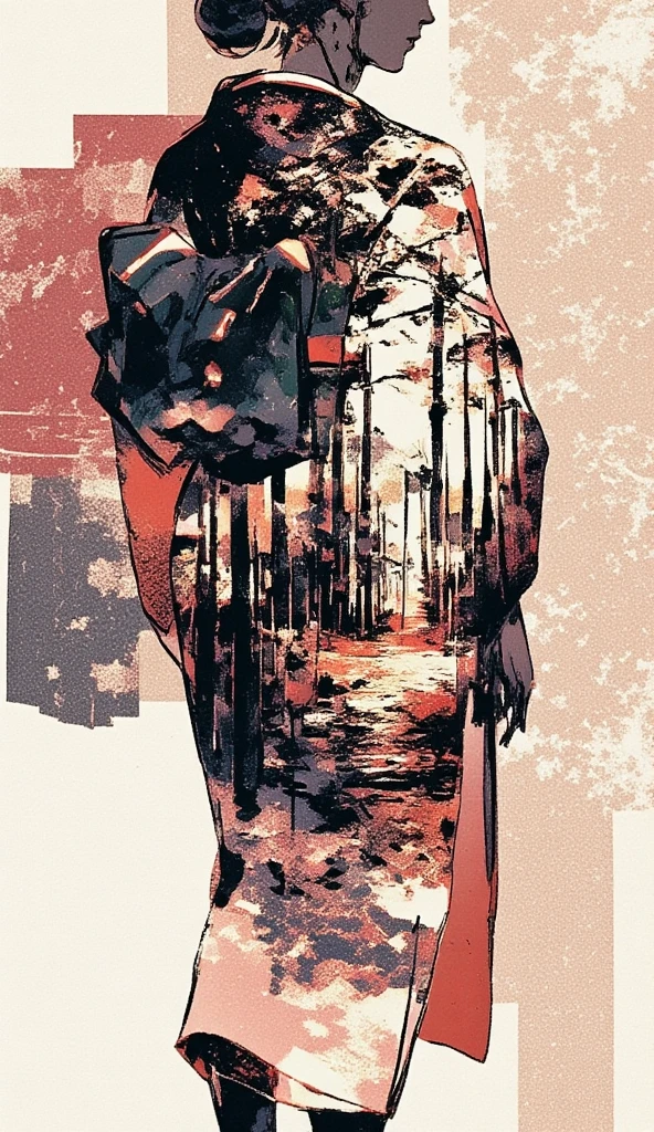 A collage art of women in yukata. The backdrop of a scenic sakura forest in Japan inside the woman's silhouette. Background of japanese sakura design patterns.