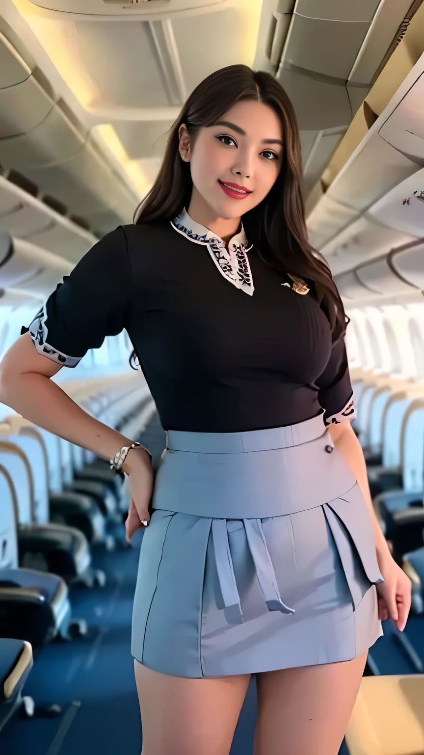 beautiful woman, 28 years、hyperdetailed face、Detailed lips、A detailed eye、double eyelid、(Smiling while walking gracefully down the aisle)、(Stewardess uniform:1.2)、((mini skirt:1.5)) (Glamorous body)、(Colossal )、（large full breasts）（big butts）（Plump body）（plump body shape）（ large full breasts）（Colossal ）((unbutton))、highs thighs thighs thighs, Perfect fit, Perfect image realism, Background with: (Business Class aisle on airplanes:1.2), Cowboy Shot, Meticulous background, detailed costume, Perfect litthing、Hyper-Realism、(Photorealsitic:1.4)、8K maximum resolution, (​masterpiece), ighly detailed, Professional