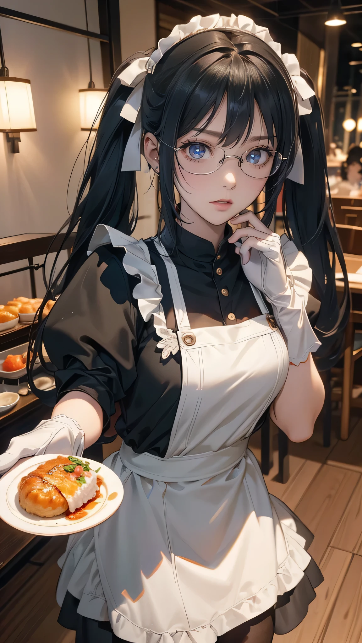 (random porn pose),(Highest image quality,(8k),ultra-realistic,best quality, Twintail black hair, high quality, high definition, high quality texture,high detail, Glasses, beautiful detailed,fine detailed,extremely detailed cg,detailed texture,a realistic representation of the face,masterpiece,Sense of presence), (Wearing maid outfit, Pantyhose, Glasses, Long Hand gloves,) Japanese caffe, Omurice, coffe, table, 