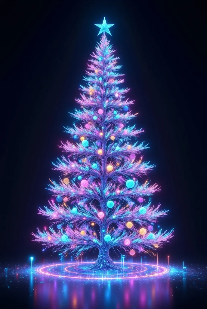 Create a mesmerizing holographic artwork depicting a futuristic winter wonderland set during Christmas. The scene should feature a sprawling digital landscape illuminated by glowing holograms of snowflakes gently descending from the sky. In the heart of this wonderland, (a towering, translucent Christmas tree made entirely of holographic lights and shapes) stands, adorned with shimmering ornaments made of pure light and constantly shifting geometric patterns. Surrounding the tree are life-sized holographic figures of ren, joyfully playing and ice skating on a frozen digital lake that reflects the glowing skyline. The horizon is filled with the dreamy outlines of futuristic skyscrapers, their sleek designs enhanced by vibrant holographic displays that depict celebratory animations and messages. The entire scene is bathed in a serene blue and silver color palette, with occasional bursts of iridescent colors that dance throughout the composition, creating an ethereal, dream-like ambience that captures the magic and wonder of a Christmas spent in a technologically advanced world.
