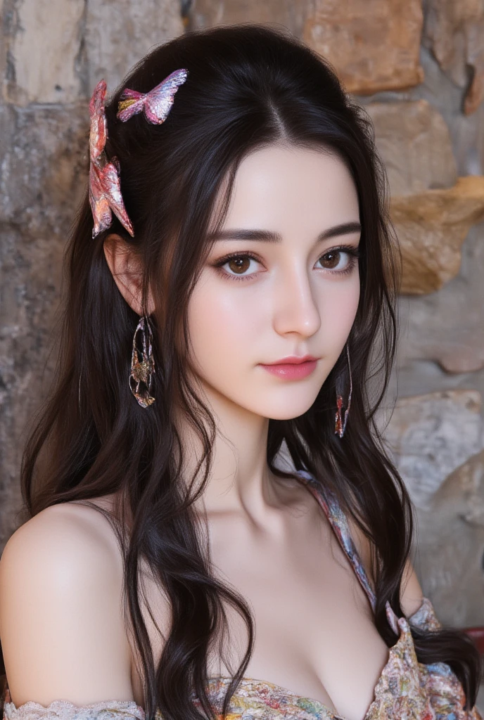 "Japanese beautiful young woman, white pale skin, (cup-A chests)",very long hair elaborate updo, pretty Strapless dress, (fabric butterfly around), medival style, front of rough stone cabin, wastland environment, 