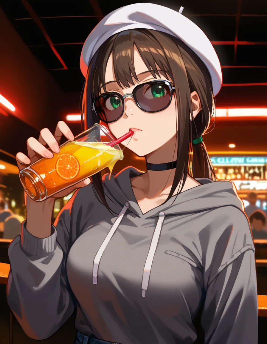 ( Ultra Realistic Photo , RAW photos  , realism , 3d rendering ,Unity Engine), BRAEK ( one girl ,15yo,Shibuya Rin, black hair,  green eyes,  long hair,(medium breasts:1.2), low ponytail, grey hoodie, holey denim pants, damage denim pants white sneakers, white beret, black sunglasses, black choker), break (macro shot, upper body), break (1girl, 1boy, enjoying drinks, night club, vibrant, club lighting, energetic),break (faceless male),break (masterpiece、 top quality 、 super detailed 、 insanely detailed、Exquisite、 beautiful、Full HD、16k、( absurd))