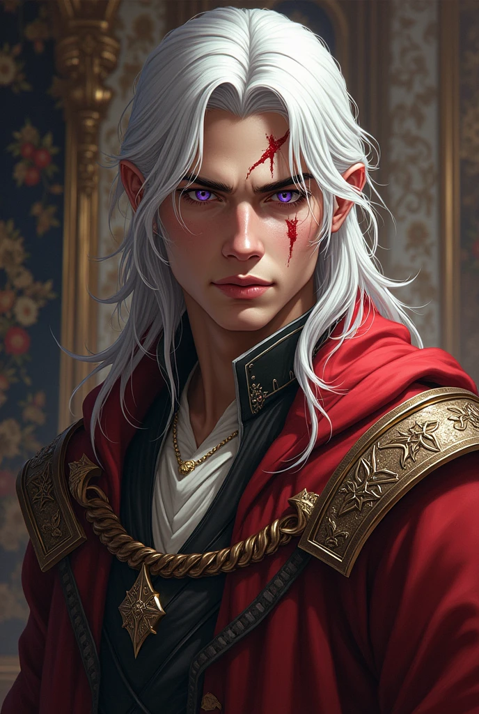 Asian male vampire zombie，wrinkles，Old age，red color eyes，fang，black lip，long  white hair，tattered，Red robe，the night，Black sky，Blue Moon