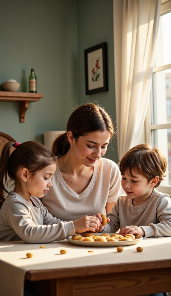 A mother and her 2 ren playing at a table 