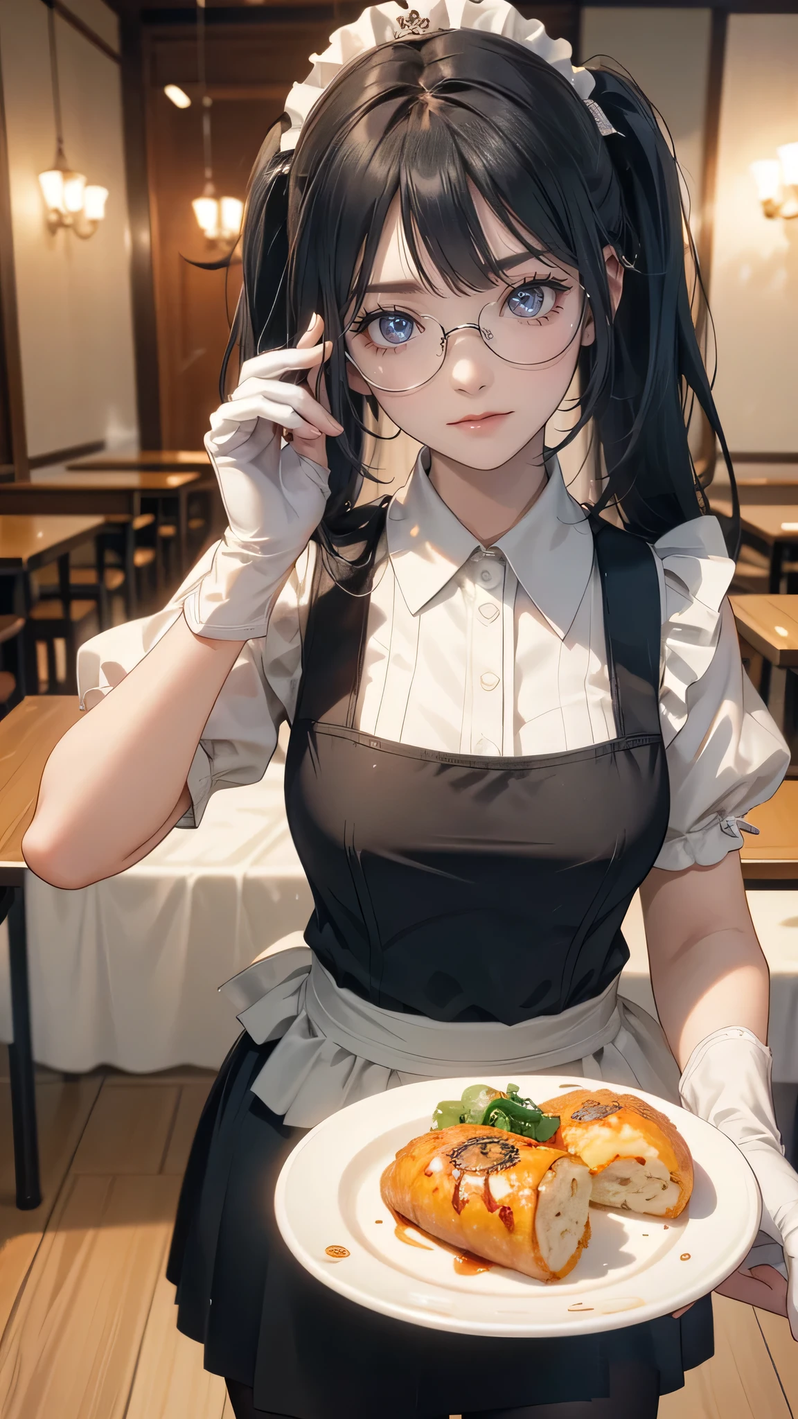 (random porn pose),(Highest image quality,(8k),ultra-realistic,best quality, Twintail black hair, Smile face, high quality, high definition, high quality texture,high detail, Glasses, beautiful detailed,fine detailed,extremely detailed cg,detailed texture,a realistic representation of the face,masterpiece,Sense of presence), (Wearing maid outfit, Pantyhose, Glasses, Long Hand gloves,) Japanese caffe, Omurice, coffe, table, 