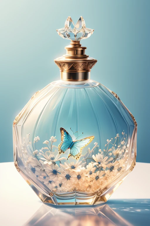 Bottle Design  、 Imari Ware Luxury Square Crystal Perfume Bottle、　 Beautiful Chrysanthemums and Butterflies 々Decorated with、Light blue background 　 White Light、 30 megapixel   、  Photographed by a Professional Photographer  、Excellent lighting、  Masterpiece