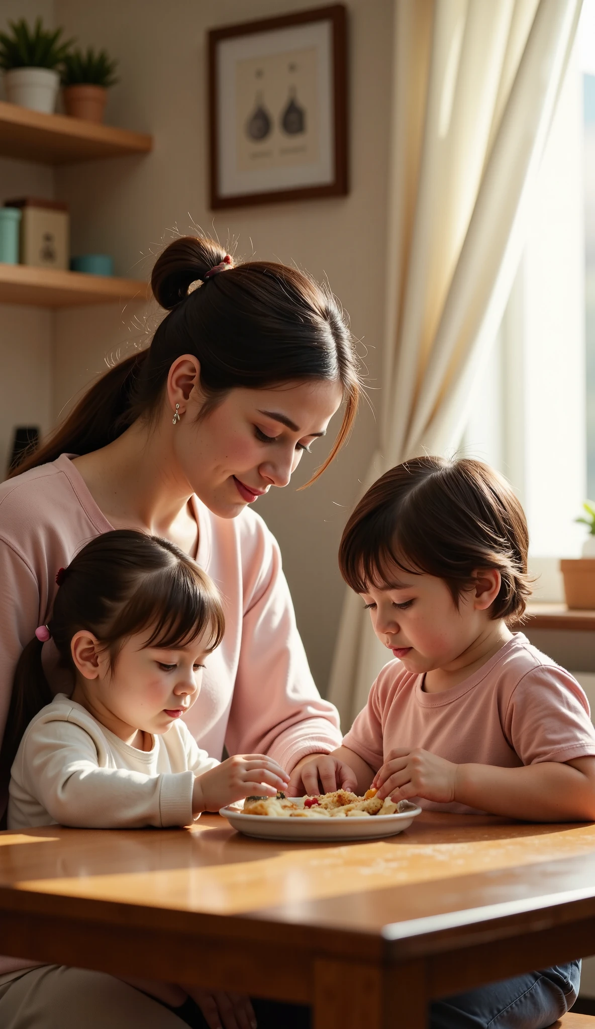 A mother and her 2 ren playing at a table 