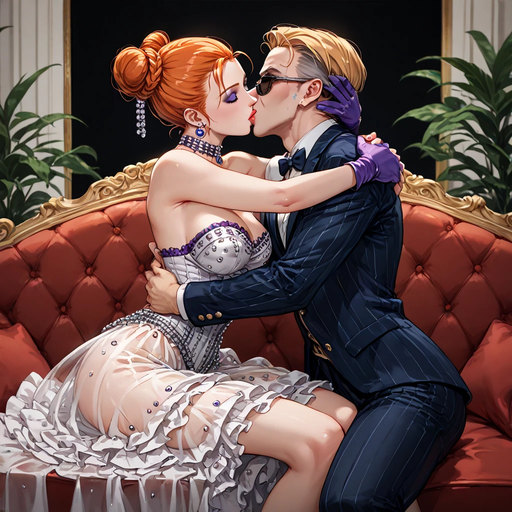 (( top quality )), ((masterpiece)), ( Details), （ perfect face）、Orange-haired Jessica Albert, who became a countess after a political marriage, is loved for wearing a sexy, jeweled, see-through dress, hugging and kissing her husband, an old countess man、 sitting on a luxurious sofa