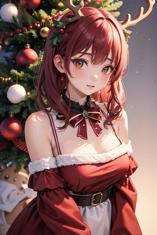 (Masterpiece, BestQuality:1.3), (ultra detailed:1.2), (hyperrealistic:1.3), (RAW photo:1.2), High detail RAW color photo, professional photograph, (Photorealistic:1.4), (realistic:1.4), professional lighting, perfect anatomy, (Big Breasts:1.2), (blush, detailed face), (cheerful Smile:1.5), (Pink Hair:1.5), Trending Hair&Trending Hairカラーをランダムに, earrings, necklace, bracelet, sexly, erotic sexly, Random sexy gravure poses, ((santa cosplay woman、background is christmas tree、Winking expression、Curly Hair、Pose holding a present: 1.3)