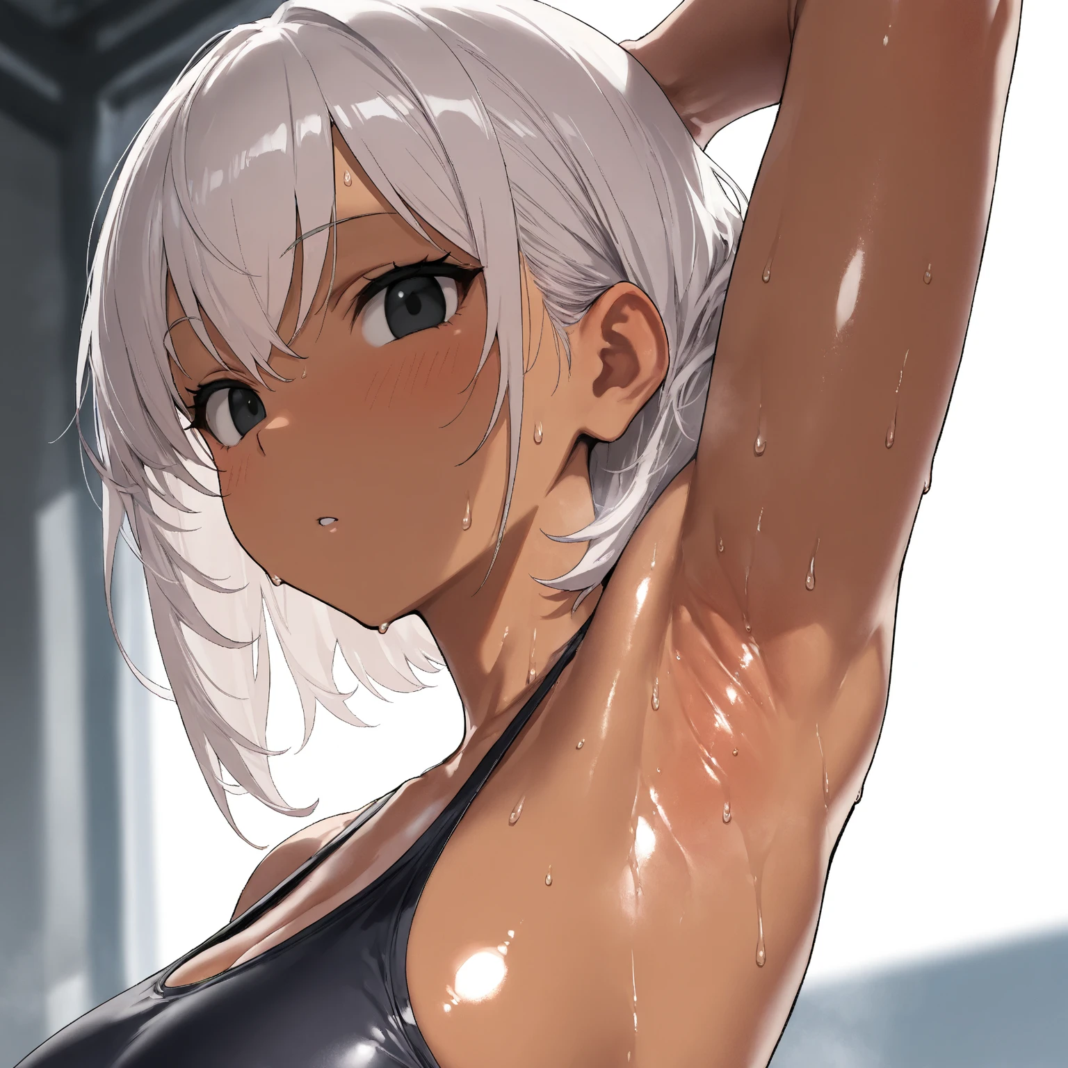 (masterpiece, HDR, 2k, High Resolution) 1girl, Digust Expression, white hair, bob hair, brown skin, shiny skin, black eyes (Armpits, Sweating Armpits, Detailed Armpits, More Armpits Detailed Look, More Detailed Armpits, Zoom Armpits, Sweat Armpits, Perfect Armpits, Show Armpits) 