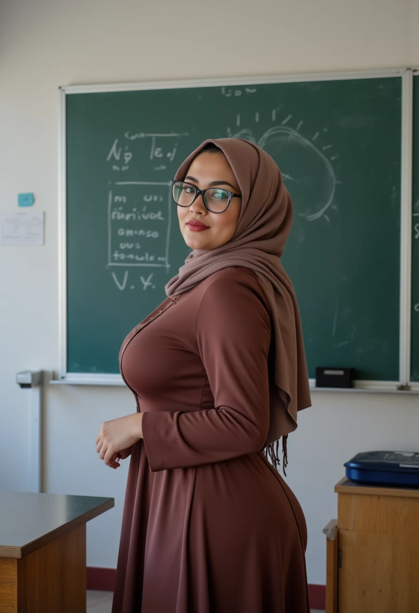  a  40-years-old indonesian woman, curvy body, wearing hijab and semi formal muslim dress. wearinng glasses, writing on the chalkboard  infront of classroom. Realistic skin details, intricate fabric details, beautiful face, ferfect face composition, Look back at the viewer.