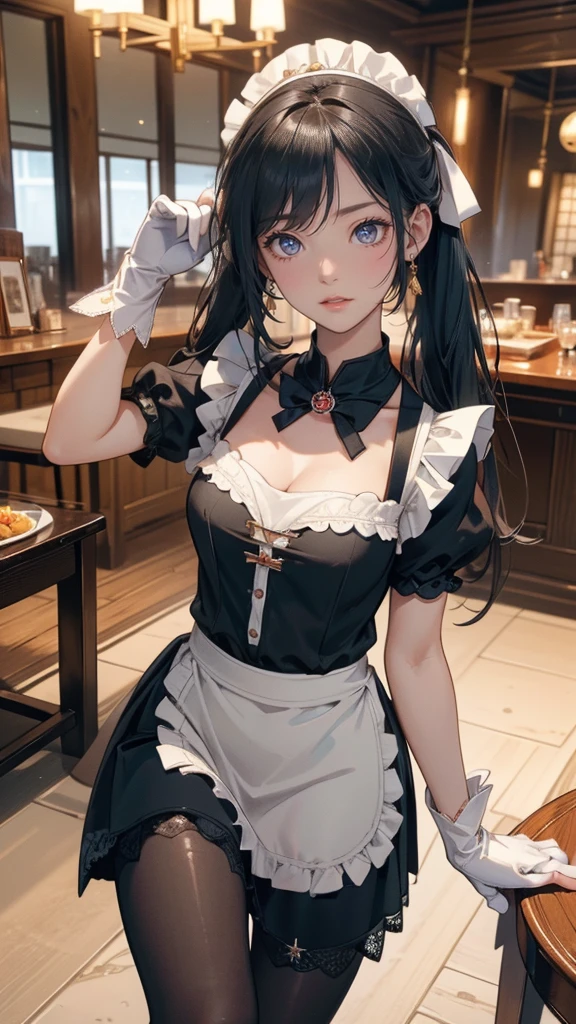 (random porn pose),(Highest image quality,(8k),ultra-realistic,best quality, Twintail black hair, Smile face, high quality, high definition, high quality texture,high detail, Glasses, beautiful detailed,fine detailed,extremely detailed cg,detailed texture,a realistic representation of the face,masterpiece,Sense of presence), (Wearing maid outfit, Pantyhose, Glasses, Long Hand gloves,) Japanese caffe, Omurice, coffe, table, 