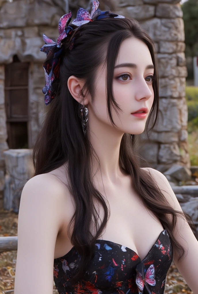 Masterpiece, full body, random angle view, photography, 
"Japanese beautiful young woman, white pale skin, (cup-A chests)",very long hair elaborate updo, pretty Strapless dress,with butterfly (fabric butterfly around), medival style, front of rough stone cabin, wastland environment, 